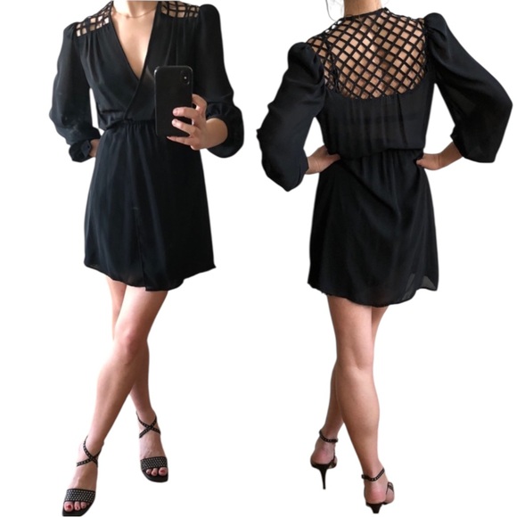 Vintage Dresses & Skirts - Vintage Black Sheer V-neck Mini Dress w/ Caged Style Lattice Open Back